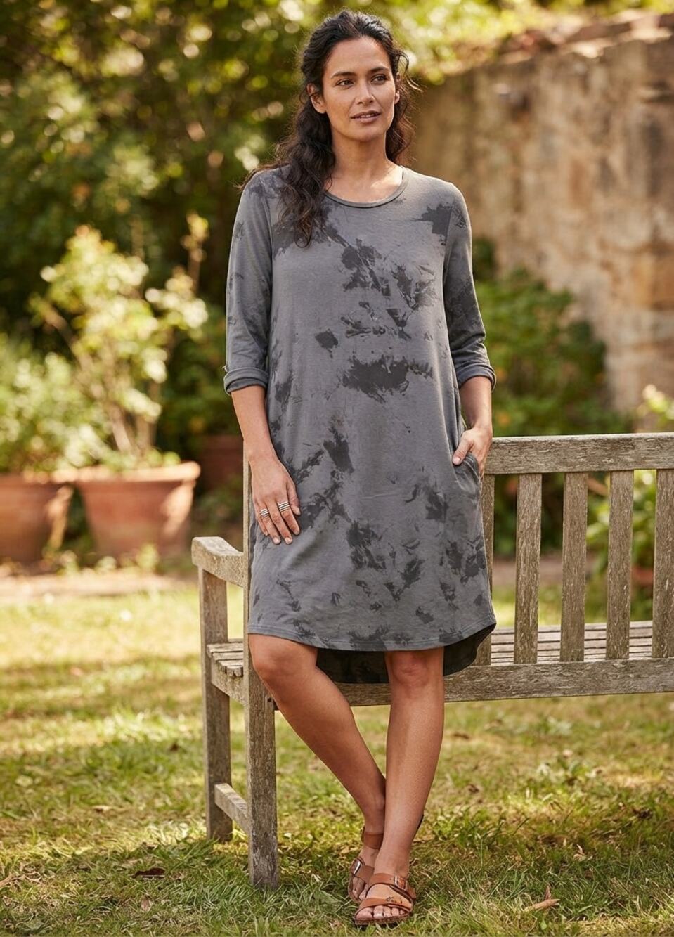 Lands Downunder Made in Italy Gray Abstract Tie Dye 3/4 Sleeve Pocket Dress NWT